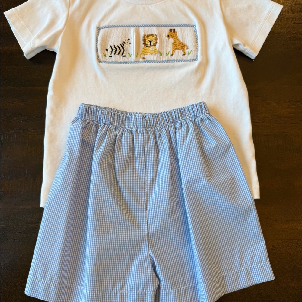 White Tee & Light Blue Gingham Kids Matching Set - Safari Appliqué